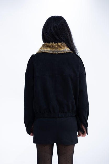 Cropped Suede Jacket with Faux Fur Collar